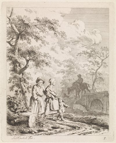 Yaşlı adam, kadın ve çocuk bir orman yolunda Figürlü manzaralar (dizi başlığı) by Leendert Overbeek