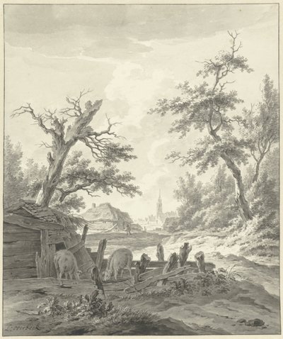 Ön planda bir domuz ahırı olan manzara by Leendert Overbeek