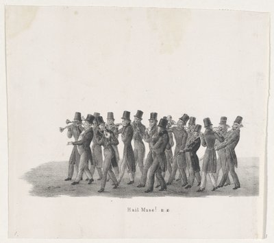 Leiden öğrencilerinin alayındaki müzisyenler, 1835 Merhaba Muse! (nesne üzerindeki başlık) H.H. tarafından düzenlenen yükselişlerin bireysel performansları. 9 Şubat 1835