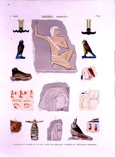 Taş ve ahşap parçalar üzerine boyanmış kabartmaların çizimleri Hypogees, Thebes plakası 47, 
