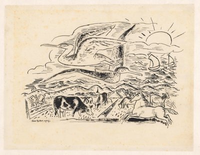 Sığırlarla dolu bir manzara üzerinde iki kuş uçuyor by Leo Gestel (signed by artist)