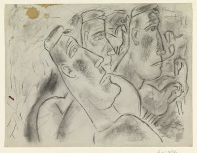 Atları olan bir çayırda üç çiftçi by Leo Gestel