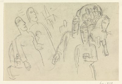 Sokakta insanlar ve arabalı bir at by Leo Gestel