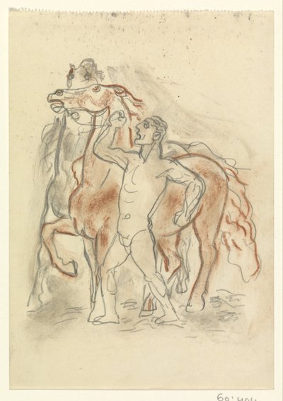 Çıplak adam iki atı kontrol altında tutuyor by Leo Gestel