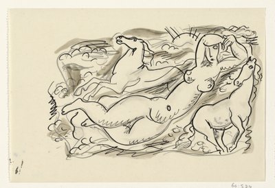 Çıplak kadın ve denizde iki at by Leo Gestel