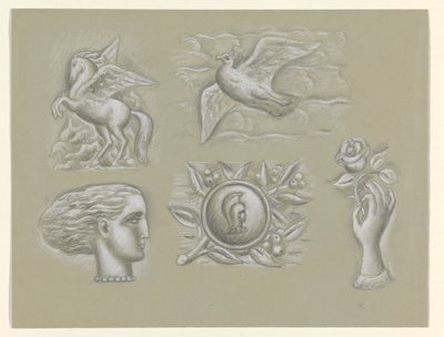 Pegasus, güvercin, kadın kafası, silah ve güllü el by Leo Gestel