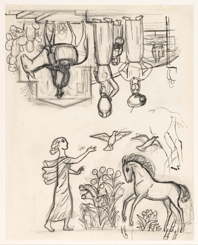 Kafalarında testi olan iki kadın, eşeğe binmiş bir adam ve bir tayı kuşları serbest bırakan bir kadın ile çalışma sayfası by Leo Gestel