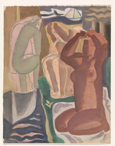 İki banyo yapan kadın ve arkada bir figür by Leo Gestel