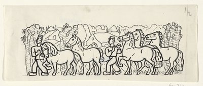 İki çiftçi atlarını bir köyün içinden geçirir. by Leo Gestel