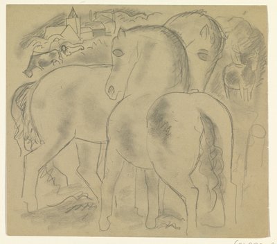 İneklerle dolu bir manzarada iki at by Leo Gestel