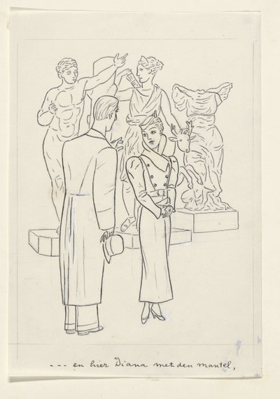 Kadın ve erkek üç heykelin önünde by Leo Gestel