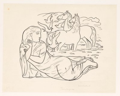 İki at ve birkaç martı ile sahilde yatan kadın by Leo Gestel
