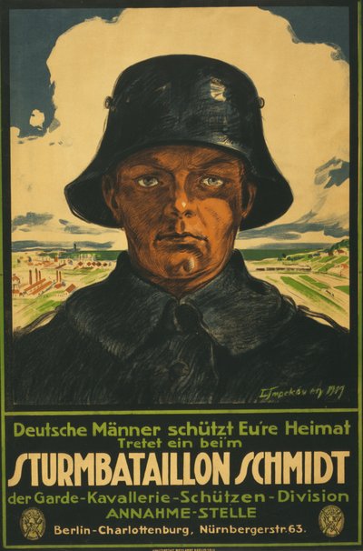 Saldırı Taburu Schmidt; Alman erkekleri vatanınızı sallar! 1919 (renkli litografi) by Leo Impekoven