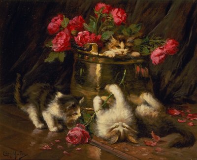Oynak Yavru Kediler (tuval üzerine yağlı boya) by Leon Charles Huber