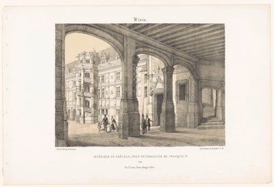 Kral Francis I Blois'in sekizgen merdiven kulesi ile Blois kalesinin iç görünümü. Intérieur du château, Tour de l'escalier de François Ier (nesne üzerine başlık) Çağdaş Fransa (dizi başlığı) La France de nos jours (dizi başlığı) by Leon Auguste Asselineau