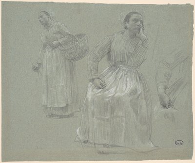 Biri Oturan, Biri Sepet Tutan İki Kadının Çalışması by Leon-Augustin Lhermitte