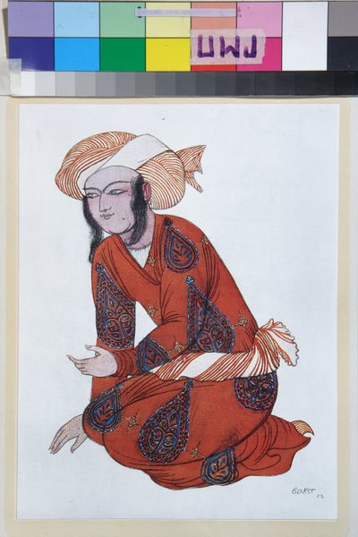 Bale için kostüm Shehrazade de Nicolas (Nikolai) Rimski Korsakov (Rimski-Korsakov) (1844-1908) - Oeuvre de Leon Bakst (1866-1924), litografi 1922 - (Nikolai Rimsky Korsakov tarafından Sheherazade balesi için kostüm tasarımı, Bakst tarafından , Renkli lit by Leon Bakst