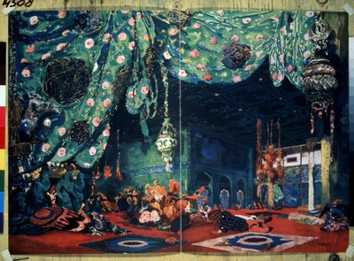 Bin bir gece masallarından Nicolas (Nikolai) Rimsky Korsakov (Rimsky-Korsakov) (1844-1908) tarafından bale ""Sheherazade"" için dekor. (N.Rimsky Korsakov