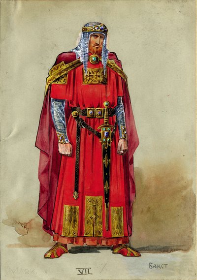 Ortaçağ Prensi, Kostüm tasarımı (kağıt üzerine suluboya ve guaj) by Leon Bakst