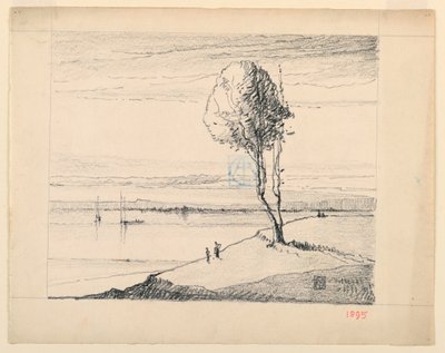 Uzakta Yelkenli ile Yamaç ve Ağaç by Leon Dabo