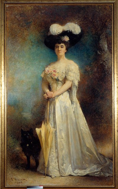 Madam Maurice Pascal ve köpeğinin tam boy portresi Tiny Painting, Leon Joseph Bonnat (1833-1922) 1905 Sun. 2.17x0.9 m Pau, güzel sanatlar müzesi - Madam Maurice Pascal ve köpeği Tiny