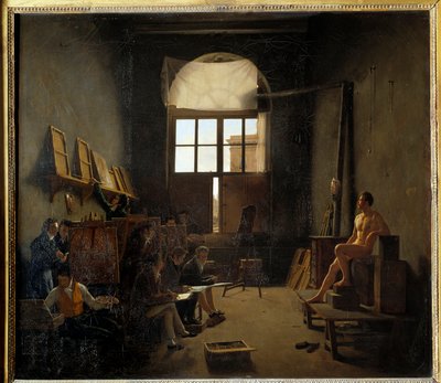 David'in 1814'te Dört Ulus Koleji'ndeki stüdyosunun içi (bugünkü Institut de France). Mathieu Cochereau'nun (1793-1817) tablosu by Leon Mathieu Cochereau