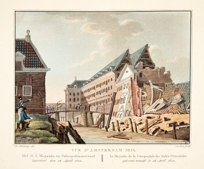 Vue d'Amsterdam No.13. OI Deposu ve Tersanesi 14 Nisan 1822'de çöktü. Le Magasin de la Compagnie des Indes Orientales qui s'est ecroulé le 14 Avril 1822, 1825 (el ile boyanmış engra by Leonard Alexis Dalige de Fontenay