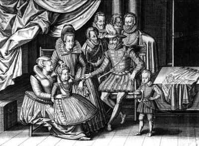 Fransız kralı Henri IV, eşi Marie de Medicis ve 2 çocuğuyla: gelecek Louis XIII ve Elizabeth, Leonard Gaultier ve Le Clerc tarafından gravür, c. 1605 by Leonard Gaultier