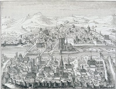 Léonard Gaultier'in gravürüne dayanan 1607'de Paris'in geniş perspektif görünümü. by Leonard Gaultier