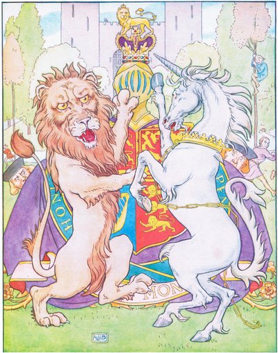 Aslan ve tek boynuzlu at taç için savaşıyordu (renkli taş) by Leonard Leslie Brooke