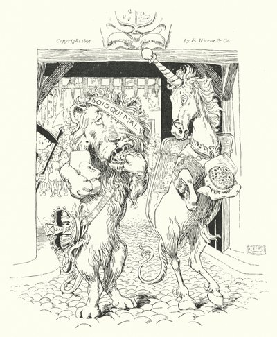 Aslan ve tek boynuzlu at taç için savaşıyordu (gravür) by Leonard Leslie Brooke