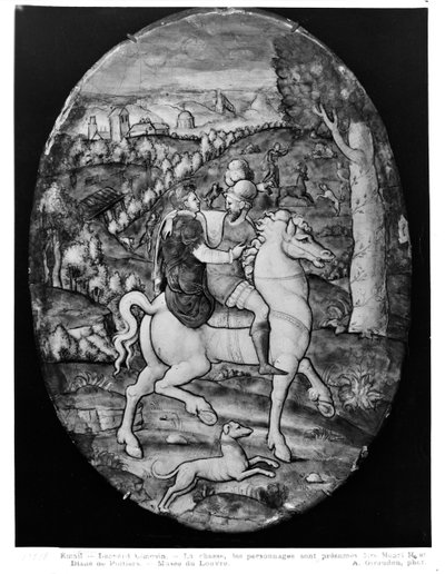 Avcılık, portre Henri II (1519-59) ve Diane de Poitiers (1499-1566) (emaye) olduğu tahmin ediliyor by Leonard Limosin