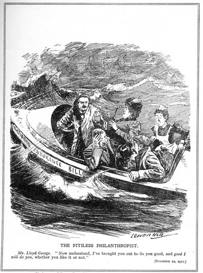 Bir cankurtaran denizcisi olarak tasvir edilen Lloyd George, 1911 tarihli Ulusal Sigorta Yasasına muhalefetle karşı karşıya. by Leonard Raven Hill