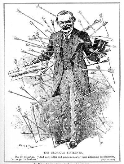 Şehit Aziz Sebastian olarak tasvir edilen Lloyd George, 15 Temmuz 1912 Sigorta Yasası, 1911