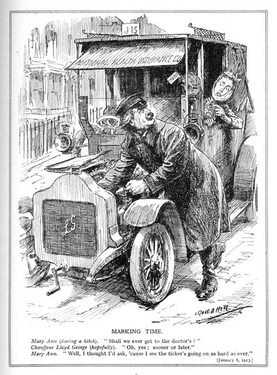 Lloyd George, 1913 tarihli Ulusal Sağlık Sigortası Yasası uyarınca bir hastayı doktora götürmeyi geciktiriyor by Leonard Raven Hill