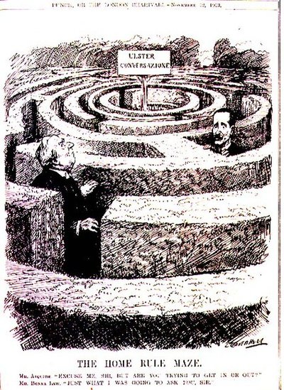 Ev Kuralı Labirenti. Bay Asquith: "Affedersiniz efendim, ama içeri mi girmeye mi çalışıyorsunuz, dışarı mı?" Bay Bonar Law: 