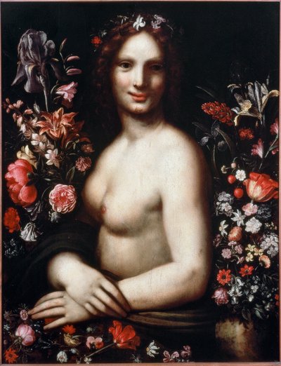 Çiçekler arasında Flora (Flora) adlı genç bir kadının büstü Modeli Mona Lisa (Mona veya Monna Lisa) olacaktır Leonardo da Vinci
