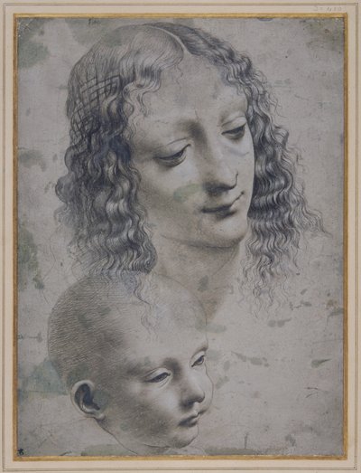 Bir kadının başı ve bir bebeğin başı (gri hazırlanmış kağıt üzerinde metal nokta) by Leonardo da (follower of) Vinci