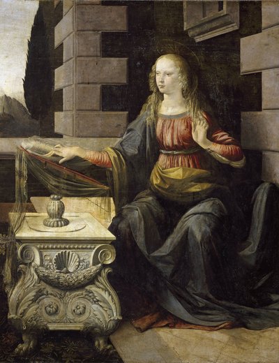 Duyuru. Meryem Ana ve masasının bir St. James kabuğu ile süslenmiş detayı (ahşap üzerine yağ ve tempera, yaklaşık 1475) by Leonardo da Vinci