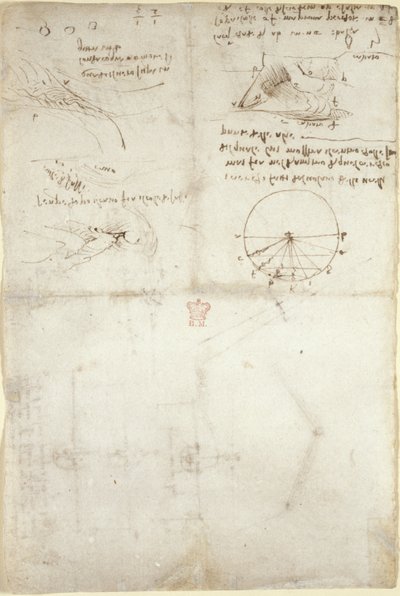 Arundel 263, f.126v Su üzerine üç not ve eskiz; kuşların uçuşuyla ilgili bir diyagram, c.1500-5 (kağıt üzerinde kalem ve mürekkep) by Leonardo da Vinci