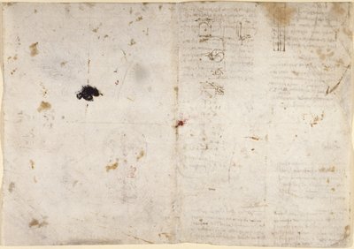Arundel 263, f.225v, f.230 Çeşitli aritmetik ve geometrik önermelerle mekanik güçler ve kuvvetler, vurmalı çalgılar, yerçekimi, hareket, optik ve astronomi üzerine çizimler (kağıt üzerinde kalem ve mürekkep) by Leonardo da Vinci