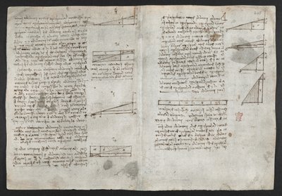 Arundel 263, f.246v Çeşitli aritmetik ve geometrik önermelerle mekanik güçler ve kuvvetler, perküsyon, yerçekimi, hareket, optik ve astronomi üzerine çizimler, Leonardo