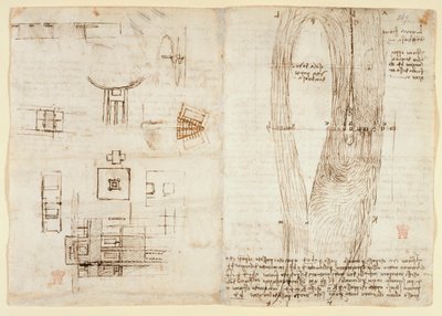 Arundel 263, f.264v Çeşitli aritmetik ve geometrik önermelerle mekanik güçler ve kuvvetler, vurmalı çalgılar, yerçekimi, hareket, optik ve astronomi üzerine çizimler. by Leonardo da Vinci
