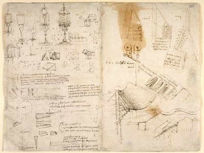 Arundel 263, f.283v, f.282 Menteşeli lambaların çizimleri; mekanik üzerine notlar; Matematiksel hesaplamalar; geometrik eskizler (kağıt üzerine kalem ve mürekkep) by Leonardo da Vinci