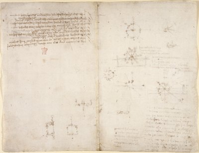 Arundel 263, f.35v, f.34 Çeşitli aritmetik ve geometrik önermelerle birlikte mekanik güçler ve kuvvetler, vurma, yerçekimi, hareket, optik ve astronomi üzerine çizimler. by Leonardo da Vinci