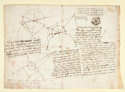 Arundel 263, f.64v Tek bir büyük yaprağın ters tarafı, eskiden sağ kenar boyunca ciltlenmiş ve deftere katlanmış. Alhazen problemiyle ilgili optik üzerine notlar ve diyagramlar; L ile ilgili notların eşlik ettiği bir göz küresinin şematik çizimi by Leonardo da Vinci