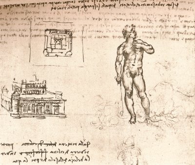 Hint mürekkebi ile yıkanmış bir kale ve çıplak bir figürün planlarının çizimi, c1472-c1519 1883 by Leonardo da Vinci