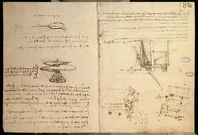 Helikopter benzeri bir uçan makinenin ilk çizimlerinden biri olan uçan makineler, c. 1487 by Leonardo da Vinci