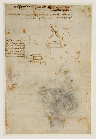 Yaşlı Bir Adamın Başkanı ve Makine Çalışmaları, c.1503-06 (siyah tebeşir, tükenmez kalem ve kahverengi mürekkep) by Leonardo da Vinci
