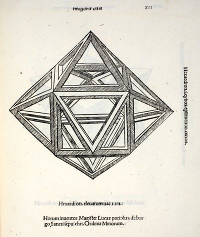 Hexaedron yükseltilmiş vakum, Luca Pacioli (c.1445-1517) tarafından 'İlahi Oran'dan örnekleme, orijinal yayın. Venedik, 1509 by Leonardo da Vinci